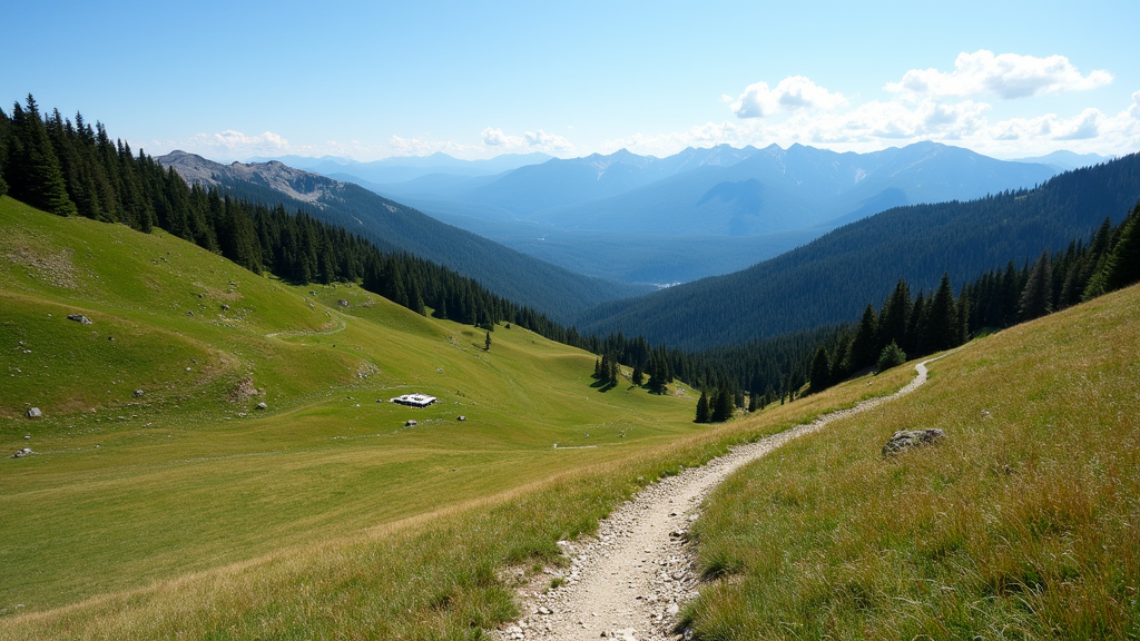 Scenic view of a national park landscape, showing a wide trail winding through forested hills and open meadows with distant mountains.